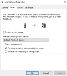 Click the Listen tab and tick the box that says Listen to this device