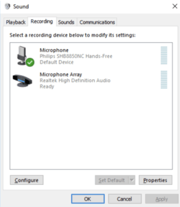 Click the Recording tab, look for the device you’re using and click Properties