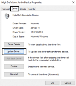 On the microphone properties window, click on the Driver tab and select Update Driver to see if an update is required