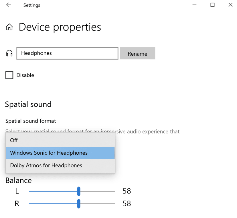 Below Spatial Sound you will see a drop-down menu. Click on Windows Sonic for Headphones to enable the feature