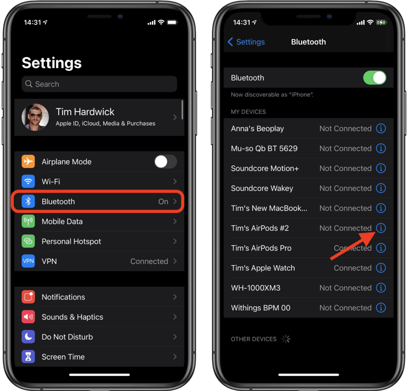 Click on the I (for Information) next to your Airpods