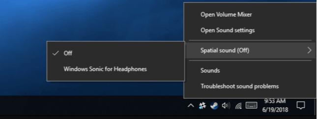Hover your cursor over Spatial Sound and in the left-hand box that pops up, click on Windows Sonic for Headphones to enable this feature