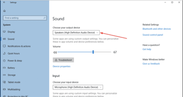 Once you are in your Sound Settings again, select the correct Output Device from the drop-down menu