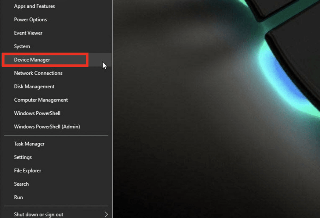Select Device Manager by right-clicking on the Windows Start button